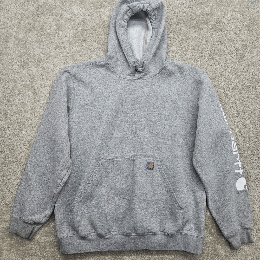 Carhartt Sleeve Logo Hoodie Gray Workwear Pullover Sweatshirt Mens Large - Picture 1 of 16